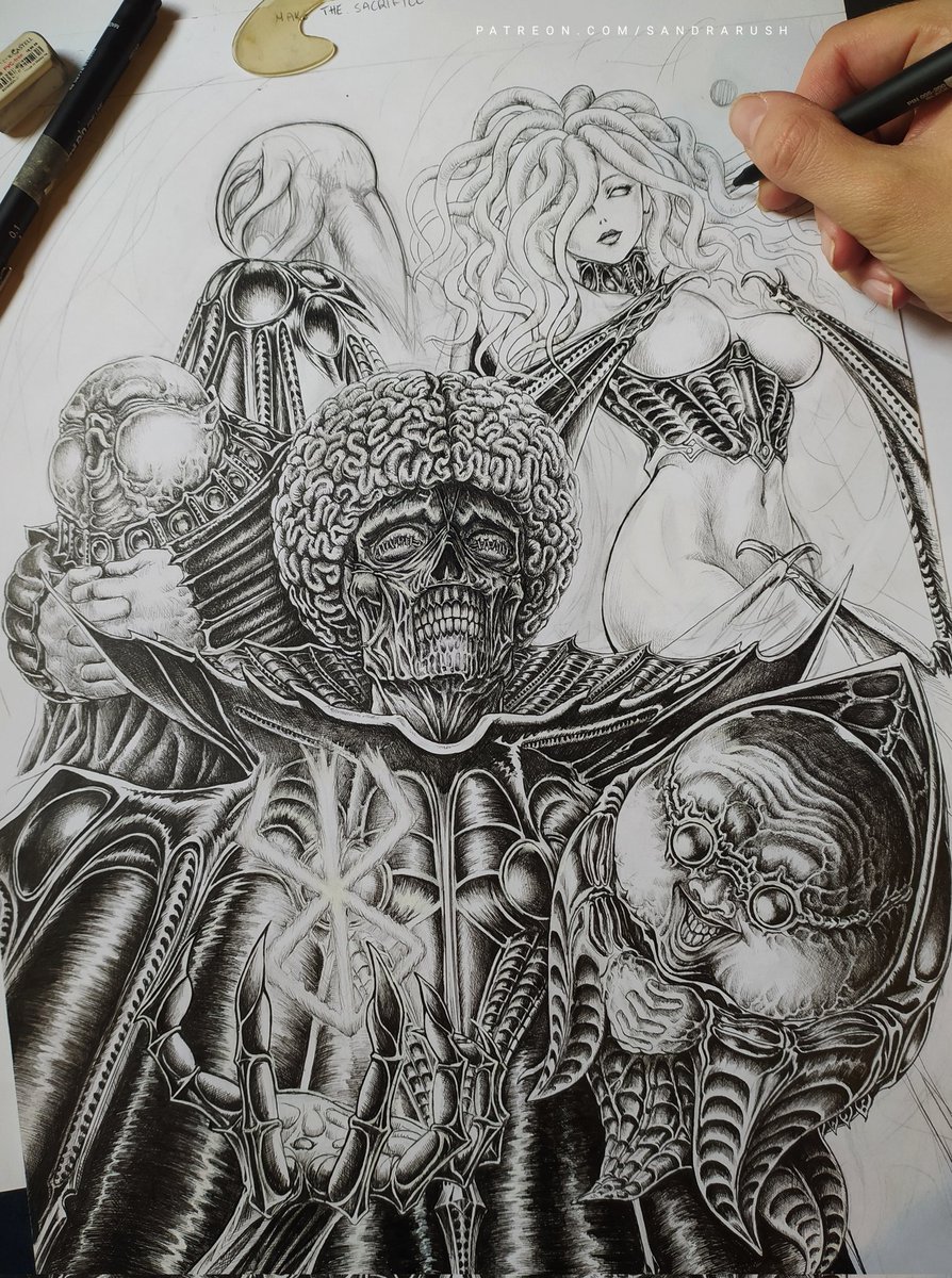 I've posted a free HD WiP of my new inkwork with the God Hand from Berserk on Patreon for everyone to enjoy 🖤 See Here Patreon.com/SandraRush
✨You can join there for free or sub for e-mail newsletter, HD artworks downloads, my process and even free physical gifts. Thank you!🖤