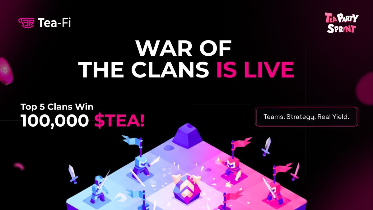 allankevyncript's tweet image. ⚔️ War of the Clans Begins on Tea-Fi! ☕️

The wait is over — Tea-Fi Clans are live!
Now it’s not just you vs. the leaderboard… it’s team vs. team. 🔥
💡 What are Clans?
Groups of up to 8 members working together to earn Sugar Cubes, climb ranks, and win rewards.
Join one or…