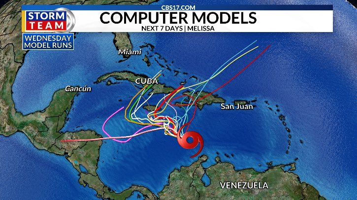 Tropical Storm Melissa is crawling WNW at just 2 mph. It is now forecast to become a major hurricane by Monday morning. 

Parts of the Caribbean could pick up 8”-12”+ from the system, with the highest amounts of 20”-30” looking likely to remain offshore.