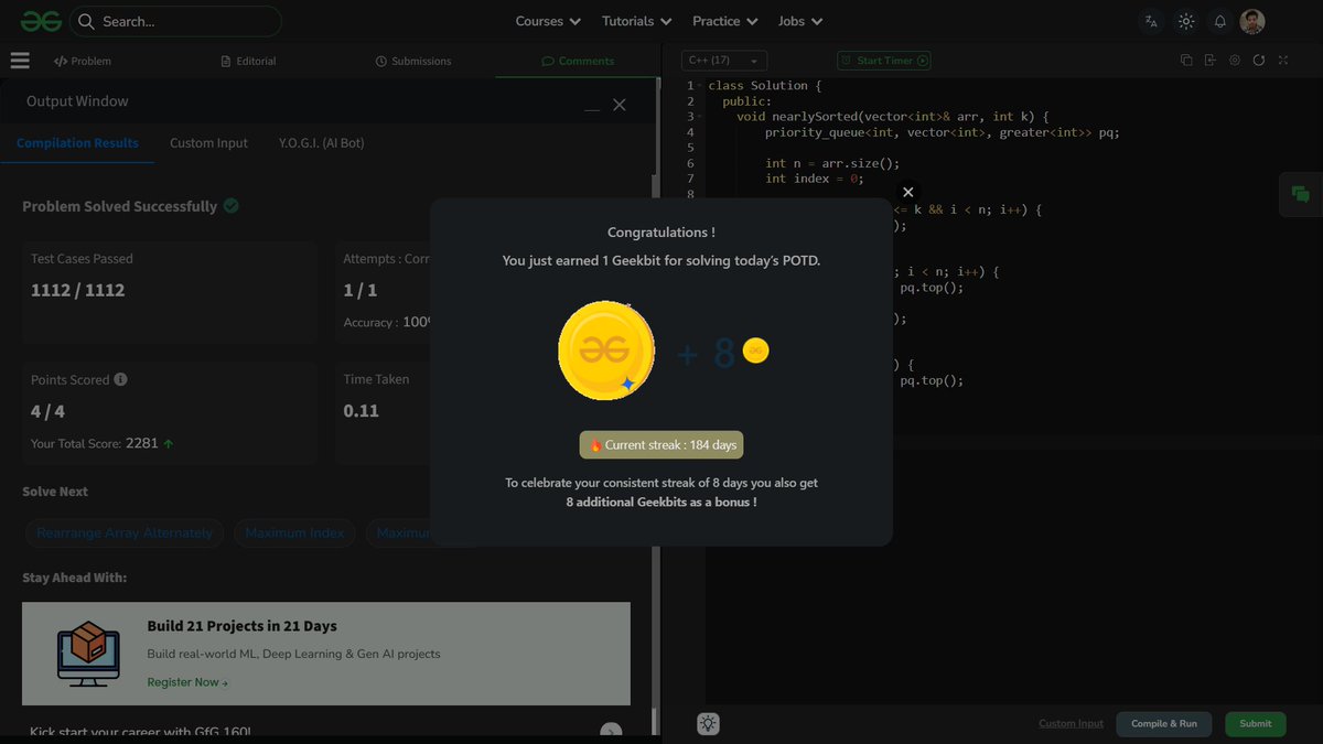 shahidx_05's tweet image. Day 222 – #365DaysOfCode

🎯 DSA
✅ Points Inside a Circle
✅ GFG POTD – Nearly Sorted
✅ Codeforces 1359A – Berland Poker
✅ CodeChef Contest 

🌐 Web Dev
✅ Learned React Props &amp;amp; Styling in CSS

#DSA #LeetCode #GfG #WebDevelopment #LearnInPublic #ProblemSolving #BuildInPublic