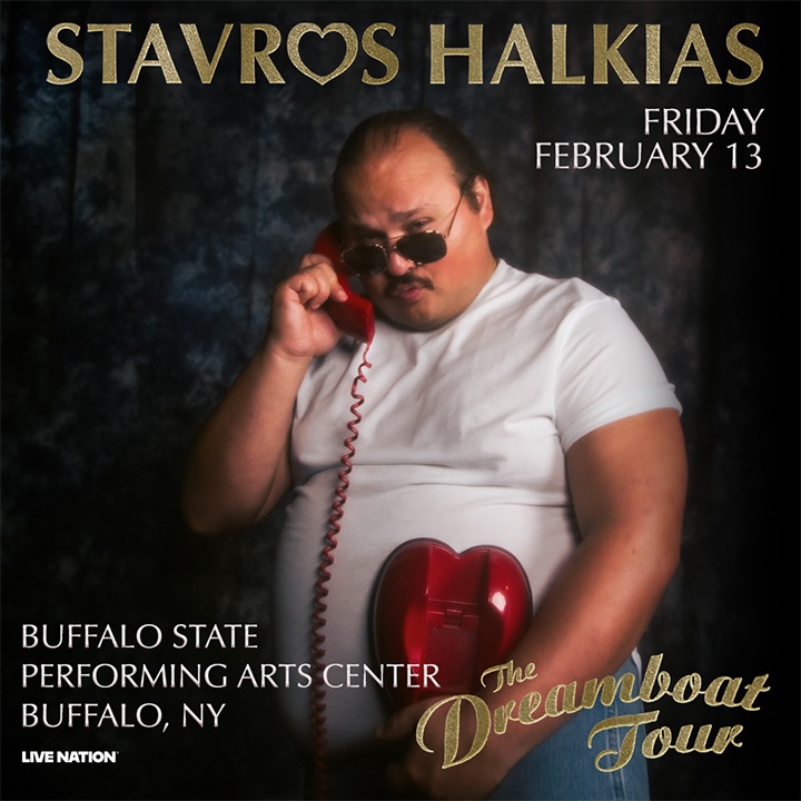 buffalostatepac's tweet photo. JUST ANNOUNCED: @stavvybaby Stavros Halkias: The Dreamboat Tour is coming Friday, February 13 at 7pm. Presale begins tomorrow at 10am. Presale code: BOAT. General on sale this Friday at 10am. More details here: https://t.co/Gg59ZJGJI0 https://t.co/NXbwPkoL61