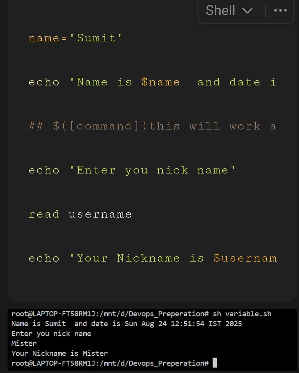 SumitRa77076052's tweet image. Getting Started with Shell Scripting
If Linux is the heart of DevOps, then Shell scripting is the brain 🧠
Write my first .sh script
Automate a simple task
Understand variables & loops
Small steps, big automation 💪
#Linux #ShellScripting #DevOps #Automation