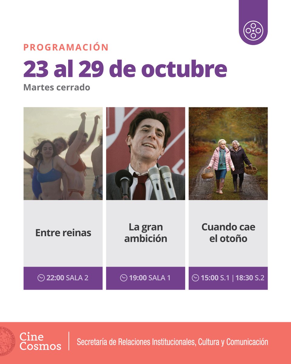 🗓️ ¡Agendá la  #CarteleraCosmosUBA! – del 23 al 29 de octubre!

📍 Av. Corrientes 2046 
🎟️ Entradas en boletería el mismo día de la función
🎬 ¡Vení al #CosmosUBA! 

📲Mirá toda la info en cinecosmos.uba.ar