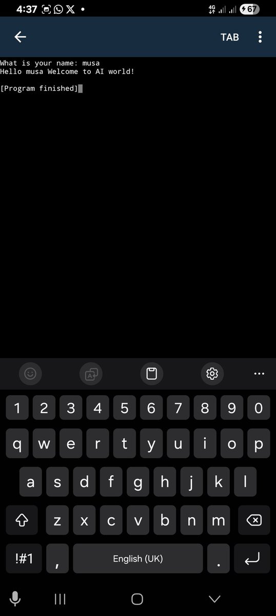 Ishaq_Shamunu's tweet image. Today, I practice python Conditionals by writing a simple interactive programme: 

This small project might look simple, but it&apos;s a step forward in mastering artificial intelligence-learning to think like a programmer and make  computers respond intelligently.