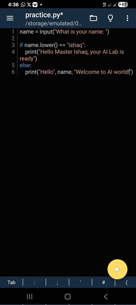 Ishaq_Shamunu's tweet image. Today, I practice python Conditionals by writing a simple interactive programme: 

This small project might look simple, but it&apos;s a step forward in mastering artificial intelligence-learning to think like a programmer and make  computers respond intelligently.