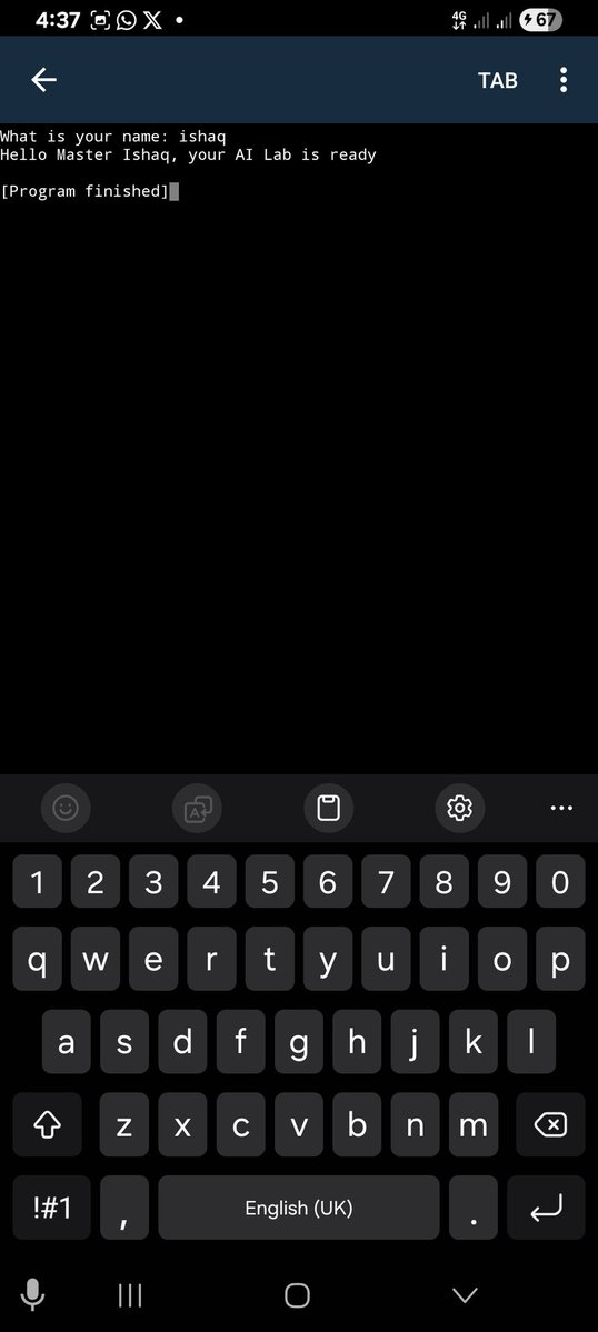 Ishaq_Shamunu's tweet image. Today, I practice python Conditionals by writing a simple interactive programme: 

This small project might look simple, but it&apos;s a step forward in mastering artificial intelligence-learning to think like a programmer and make  computers respond intelligently.