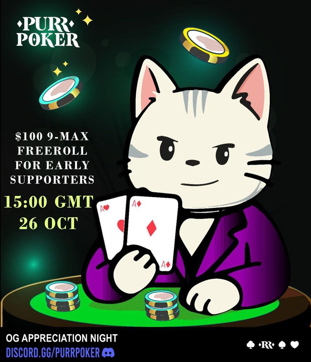 PurrPoker's tweet photo. Hosting a 9-max freeroll this Sunday for all our OG (aka Boomer Cat). You just needed to play 1 onchain poker to become OG.

Did you know there are only 13 Boomer Cats in existence? Yes, only 13 cats have played onchain poker on HyperEVM.

We will be changing the criteria to get that role. To find out more, join our discord VC this Sunday while we deal the cards.

Put on your tuxedos and gowns, turn your mic on, and let’s keep the party (and the VC banter) going all night.