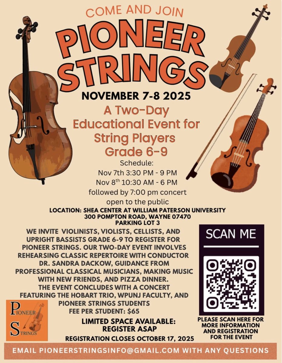 Come join us on November 7th and 8th for Pioneer Strings! This educational opportunity is open to string players grades 6-9, and will conclude with a concert featuring WP faculty, students, and participants! 🧡🎻🎶