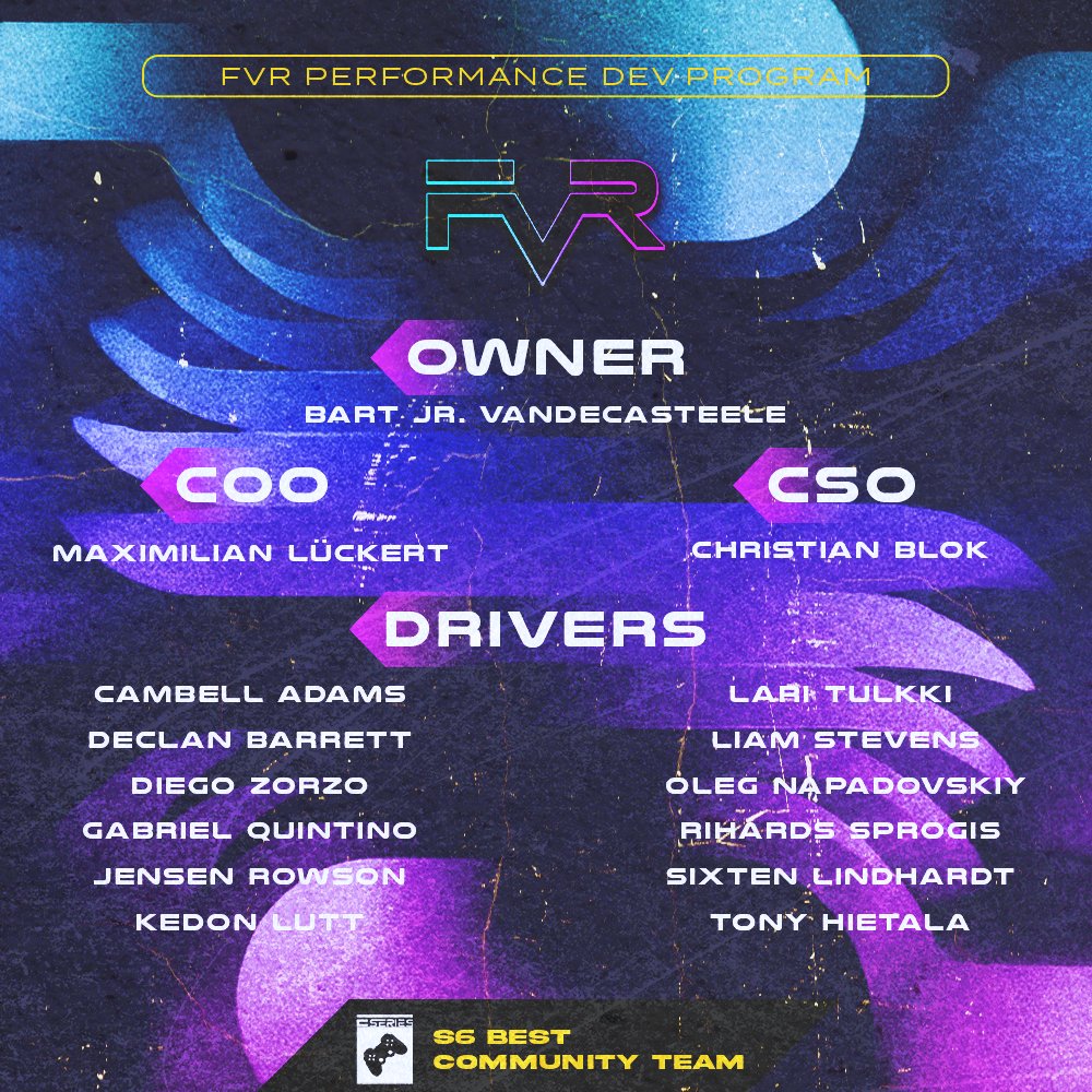 FVRCampeonato's tweet image. ANNOUNCING OUR NEW DEV PROGRAM
This program will help us focus significantly on driver development, while having lots of esports experience in the team, which will help our drivers improve their current levels.
First, our management and driver roster for the Dev program