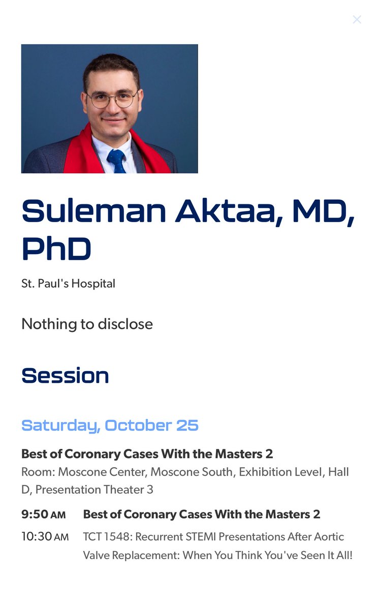 Looking forward to attending #TCT2025 this year &amp; connecting with friends and colleagues. 

Please join my case presentation on Saturday 👇

#TAVI #TAVR #SAVR <a href="/TCTConference/">TCT Conference</a> <a href="/crfheart/">Cardiovascular Research Foundation</a>