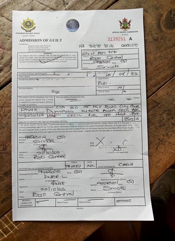 Today in the <a href="/CityofBulawayo/">The City of Bulawayo</a> a white businessman paid a deposit fine for dumping building rubble on Cecil Avenue recently. 

His vehicle was seen being used to dump rubble just off Cecil Avenue by another motorist who sent me photographs of the vehicle. Through our BCC Cleansing