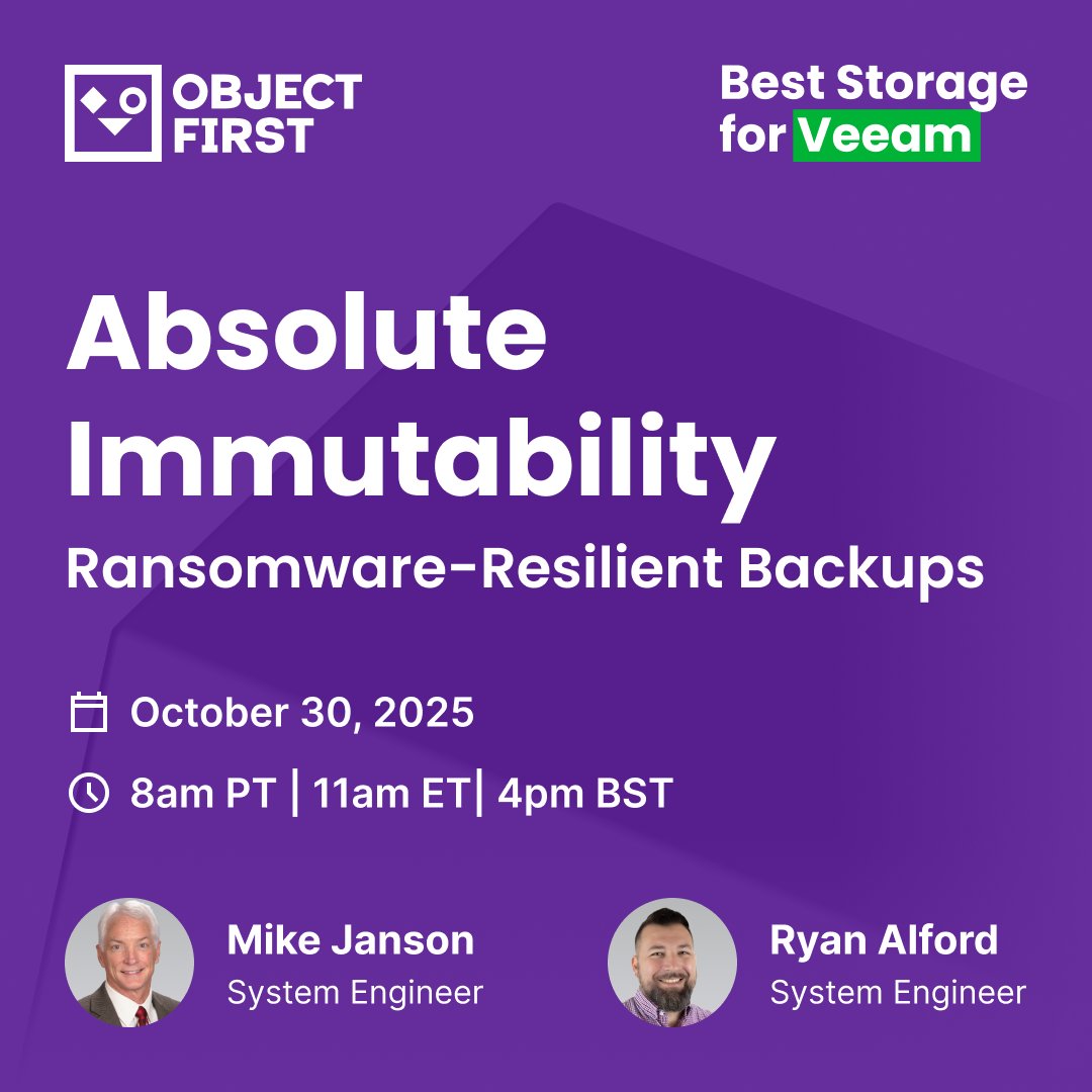 object_first's tweet image. We’re wrapping up Cybersecurity Awareness Month with a demo on building true ransomware resilience with @ObjectFirst_ and @Veeam. See how Ootbi protects backup data and explore new features like early threat warnings with our Honeypot.
🔗 bit.ly/48I5F84