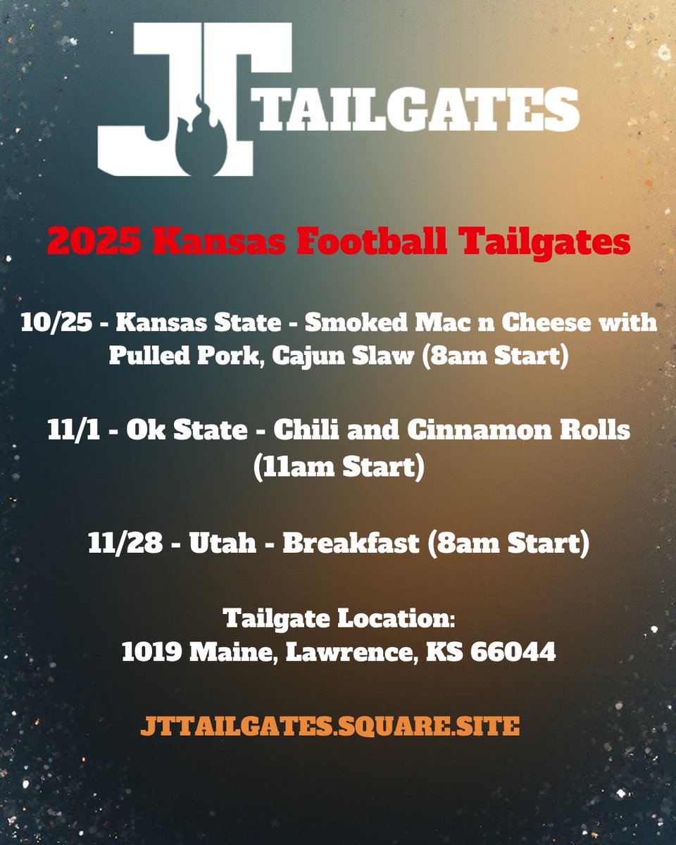 jttailgates's tweet photo. 3 home tailgates remain for KU Football &amp; we’d love the opportunity to serve you and your friends &amp; family at our all-inclusive tailgate experience! 

This weekend we’ve got our Pulled Pork Smoked Mac &amp; Cheese, Baked Beans and Cajun Slaw. 

Reserve here: https://t.co/xjCdxcAD6r https://t.co/6wiX4H8e0y