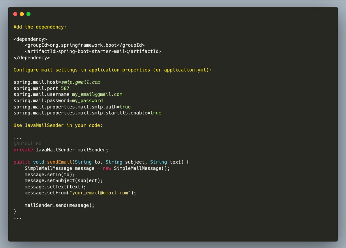 mario_casari's tweet image. 🚀  Spring Boot: Use spring-boot-starter-mail for sending emails.
✅ It wraps all the necessary configuration and dependencies, making the process of sending emails simple and clear.
#SpringBoot