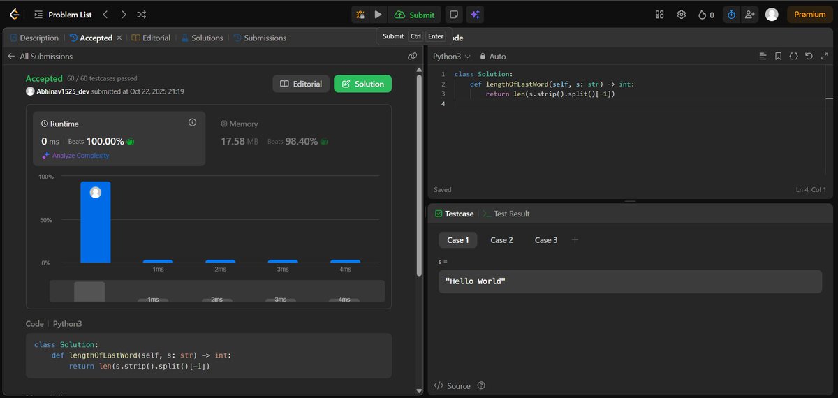 Abhinav1525_dev's tweet image. Day 5️⃣8️⃣ of #100DaysOfCode 💻
Solved LeetCode 58: Length of Last Word ✍️
Simple yet sneaky — trimming spaces and counting characters at the end did the trick ✅
#LeetCode #Coding #ProblemSolving #DSA #100DaysOfCode