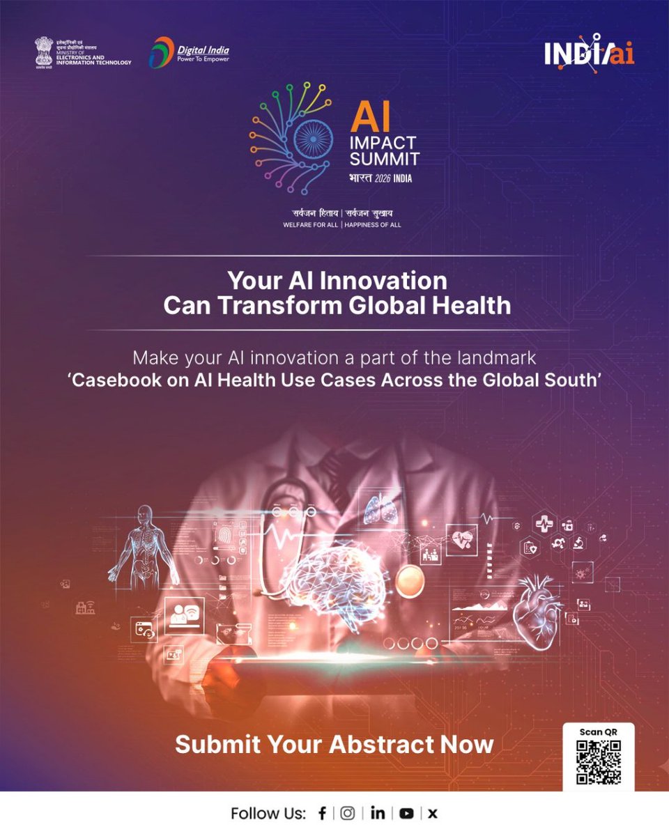 AI Innovators: Showcase Your AI in Healthcare Solution on the World Stage! 

The WHO and IndiaAI Mission  are closing the call for the Casebook on AI Health Use Cases to be unveiled at the  #IndiaAIImpactSummit2026! 

Submissions closing soon! 📷

Submit your Abstract now: