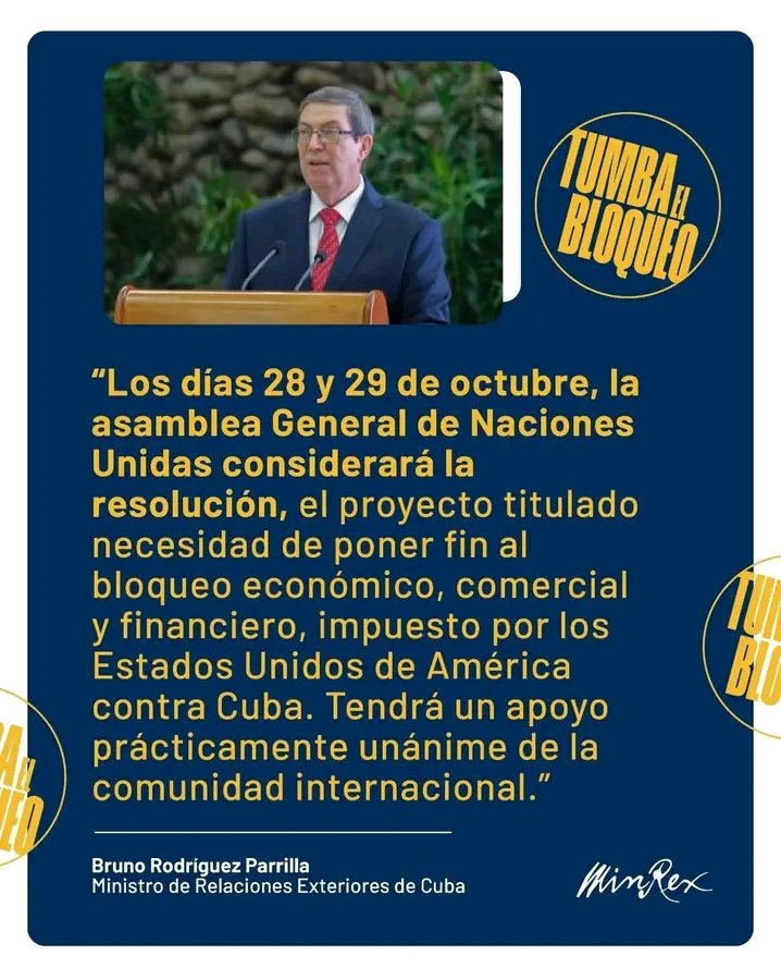 Desde hoy Martes 28 y 29 octubre, por trigésima tercera ocasión, la Asamblea General de la ONU debatirá y se pronunciará contra el bloqueo de EEUU contra #Cuba
#TumbaElBloqueo
#15AñosArtemisa 
<a href="/DiazCanelB/">Miguel Díaz-Canel Bermúdez</a> 
<a href="/DrRobertoMOjeda/">Dr. Roberto Morales Ojeda</a> 
<a href="/PartidoPCC/">Partido Comunista de Cuba</a>