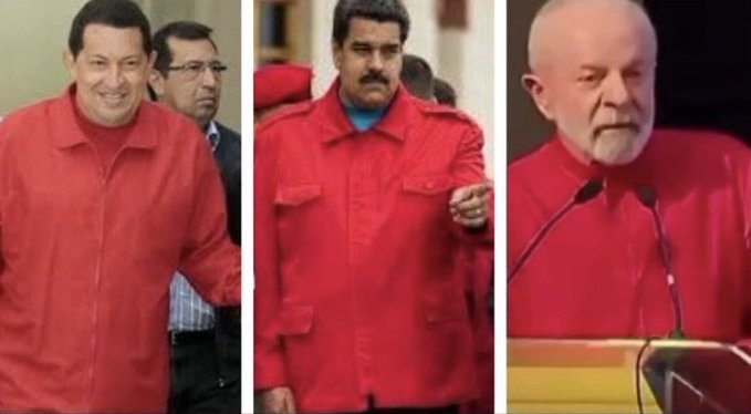Three panels show men in red jackets: left panel depicts a smiling man with glasses and another man behind him in a neutral background; middle panel shows a man with mustache gesturing forward in a crowded setting with people in background; right panel features a bald man with beard speaking at a podium with microphone and yellow backdrop.