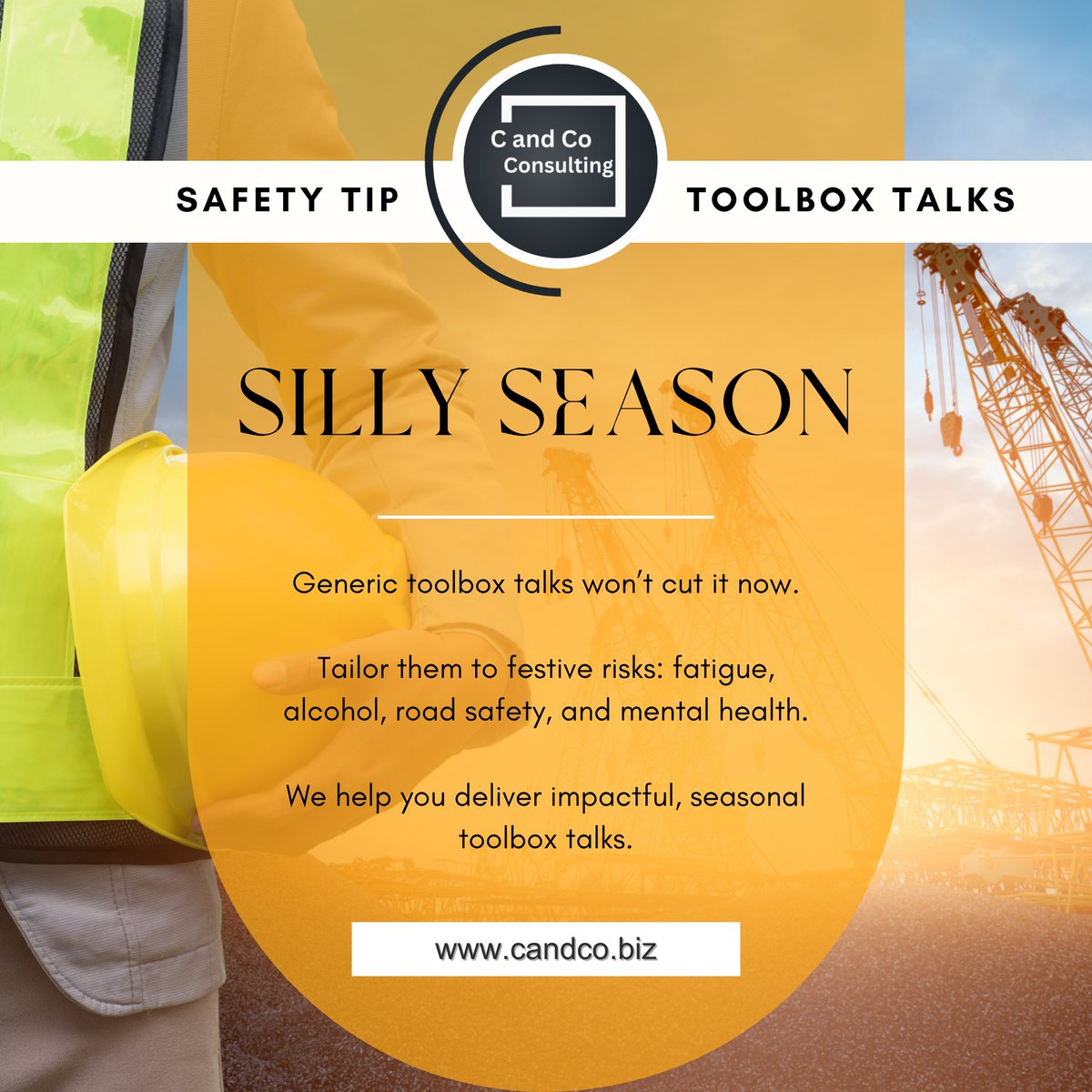 CandCoConsSA's tweet image. 🚫 Generic toolbox talks won’t cut it now. Tailor them to festive risks: fatigue, alcohol, road safety, and mental health.

We help you deliver impactful, seasonal toolbox talks.

Learn more: candco.biz

#ToolboxTalks #SafetyEngagement #CAndCoConsulting