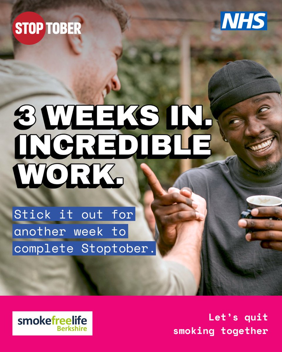 Don't quit quitting! Just one more week until you're five times more likely to quit for good!

☎ 0118 449 2026
✉️ SmokeFreeLife.Berkshire@nhs.net
💻 SmokeFreeLifeBerkshire.com
#Bracknell #WestBerkshire #Wokingham #Reading #RBWM