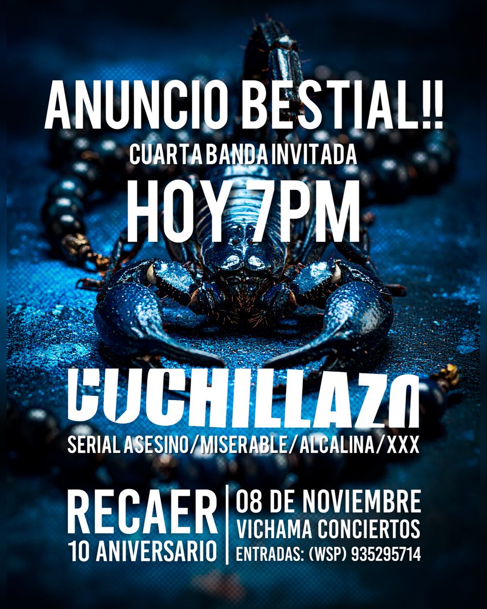 HOY 7pm: Anuncio Bestial!! Cuarta banda invitada! Recaer 10 años. Setlist extendido, caletas y bestialidades. Vichama conciertos, 8 de noviembre, entradas en cuchillazo.com! Evento seguro y autorizado. El concierto sí va! 
#rock #peru #concierto #ElconciertoSíVa