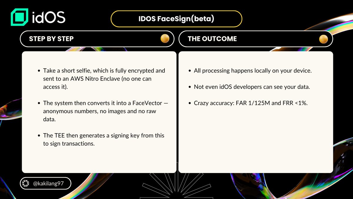 💥 <a href="/idOS_network/">idOS</a>  FaceSign(beta):
The wallet that can't be lost.
Your face is your private key. 🔑

-Take a short selfie, which is fully encrypted and sent to an     AWS Nitro Enclave (no one can access it).

-The system then converts it into a FaceVector — anonymous numbers, no