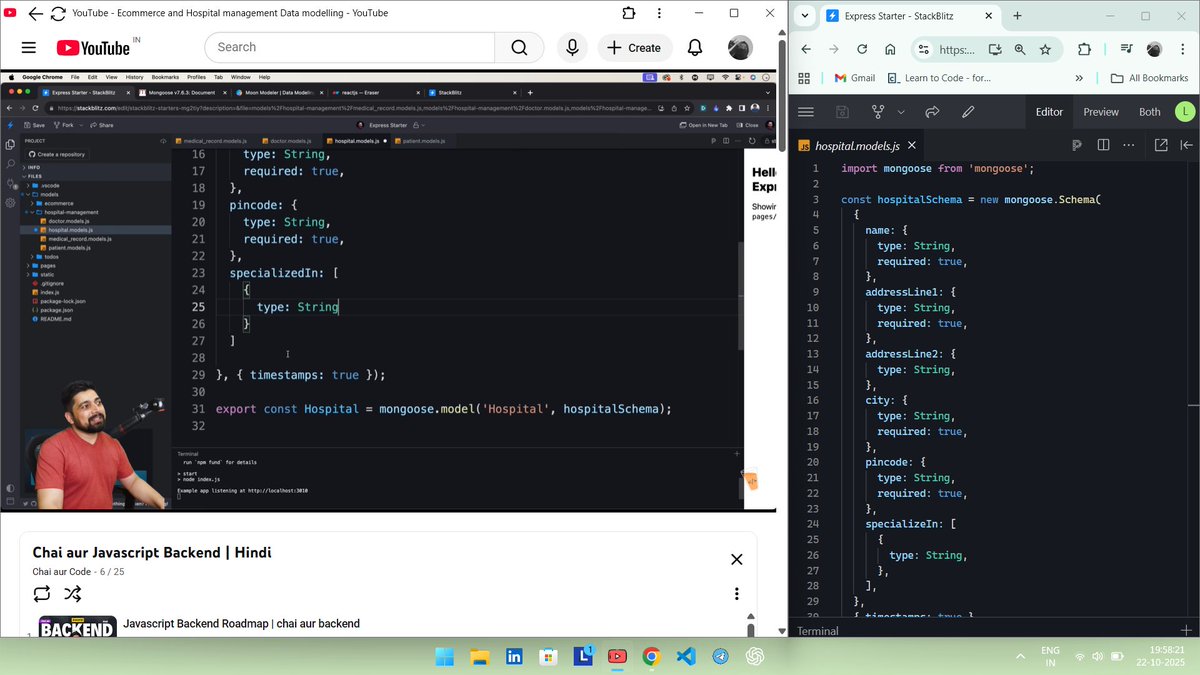 codeXninjaDev's tweet image. Day 6 of #BackendNinjaChallenge🥷by @ChaiCodeHQ @Hiteshdotcom 
Built data models for Ecommerce & Hospital Management systems using Mongoose! Designed Category, Product, Order, User, Doctor, Patient & Hospital schemas. Real-world DB design unlocked!🔥
#BackendDevelopment #WebDev