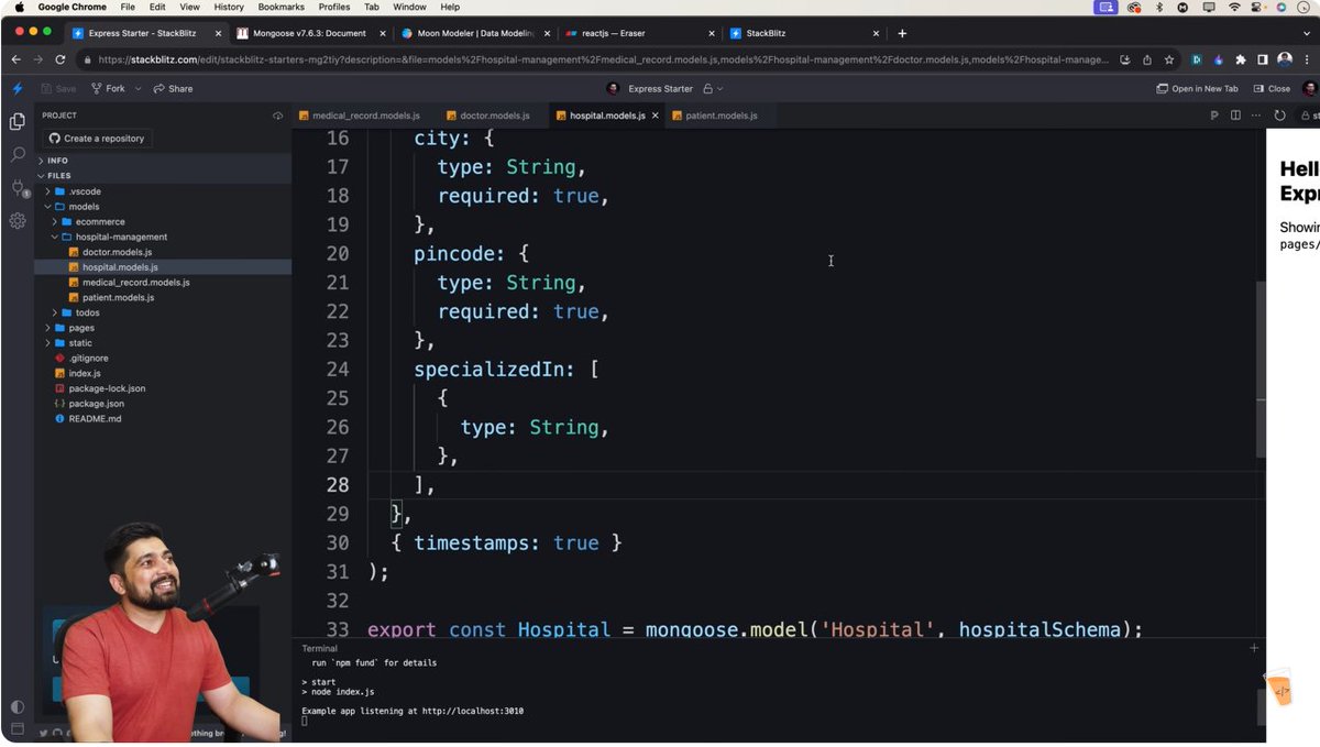 codeXninjaDev's tweet image. Day 6 of #BackendNinjaChallenge🥷by @ChaiCodeHQ @Hiteshdotcom 
Built data models for Ecommerce & Hospital Management systems using Mongoose! Designed Category, Product, Order, User, Doctor, Patient & Hospital schemas. Real-world DB design unlocked!🔥
#BackendDevelopment #WebDev