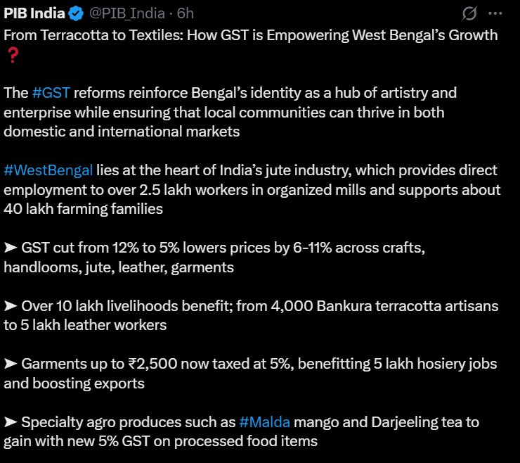 PIBAgartala's tweet image. #GSTReforms:
টেরাকোটা থেকে বস্ত্র পর্যন্ত: #GST সংস্কার পশ্চিমবঙ্গের শিল্প ও উদ্যোগকে শক্তিশালী করছে।
১২% থেকে ৫% হ্রাসের ফলে কারুশিল্প, হ্যান্ডলুম, পাট, চামড়া ও পোশাকে ৬–১১% দাম কমায় ১০ লাখের বেশি জীবিকা উপকৃত হচ্ছে
#NextGenGST
@GST_Council #BachatUtsav
@PIB_India @MIB_India