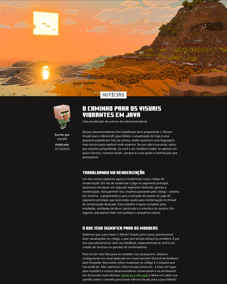 comunidademc's tweet image. 🚨 SHADER OFICIAL NO MINECRAFT JAVA!
Os devs estão trabalhando ativamente para separar o processo de renderização do resto da lógica do jogo.
Isso significa que o Minecraft Java terá muito MENOS LAG e estamos mais próximos de ter Vibrant Visuals.