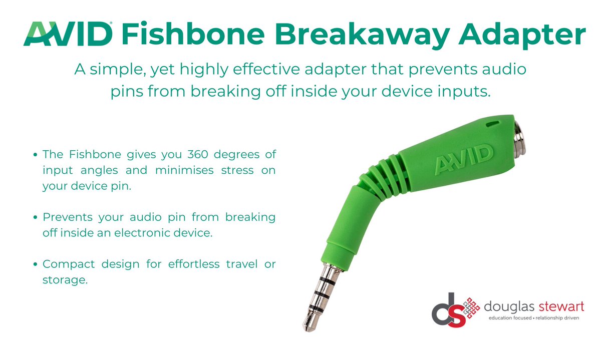 Reduce pin breakage and protect your equipment with the Avid Fishbone! It flexes, allowing the pin to disengage smoothly when the attached audio cable is suddenly pulled from the jack at an angle which is a common occurrence in the classroom.

bit.ly/4gQ37Fs