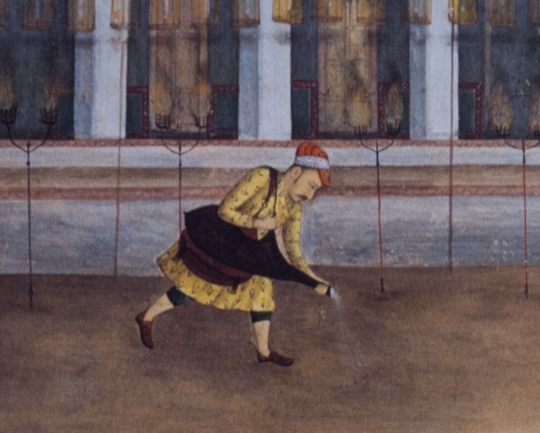 iconographile's tweet photo. Love these details: a water carrier, using a goatskin bag, sprinkles water on the ground before the parade to reduce dust kicked up by horses. Padshahnama (Windsor, 1005025), f. 122b https://t.co/gyTkVXsdfT