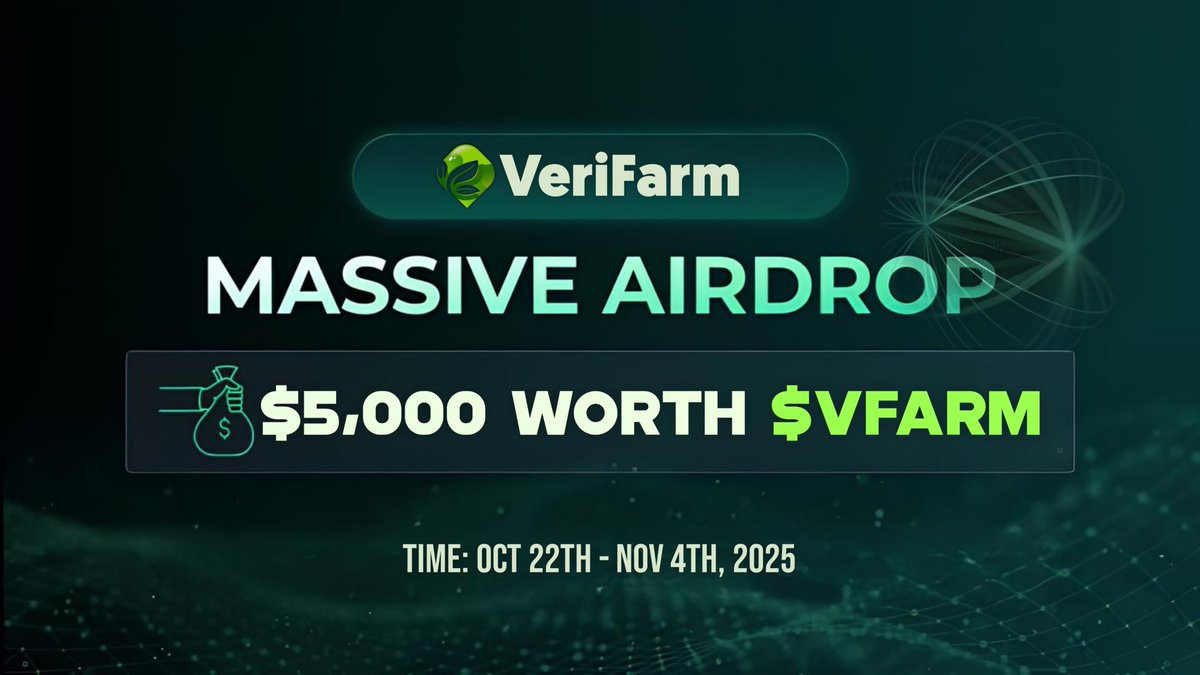 VeriFarmGlobal's tweet image. 🚨 VeriFarm Airdrop is LIVE! 🚨
💰 $5,000 worth of $VFARM tokens up for grabs!
🎯 550 Winners Total:
🔹 500 Random Participants
🔹 Top 50 Referrers
📅 Duration: Oct 22 – Nov 4, 2025
📦 Distribution: After listing
🔗 Join Now: t.me/VeriFarmAirdro…
#Airdrop #CryptoAirdrop