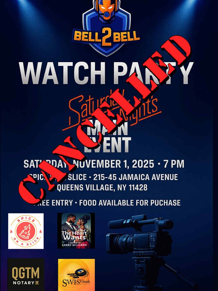Due to unforeseen circumstances, we must cancel our November 1st watch party at <a href="/SpiceonaSlice/">Spice on a Slice NYC 🍕</a> 

We appreciate everyone who has contacted us or have RSVPed. Please keep it locked to all of our social media for future announcements! 

#Bell2Bell
