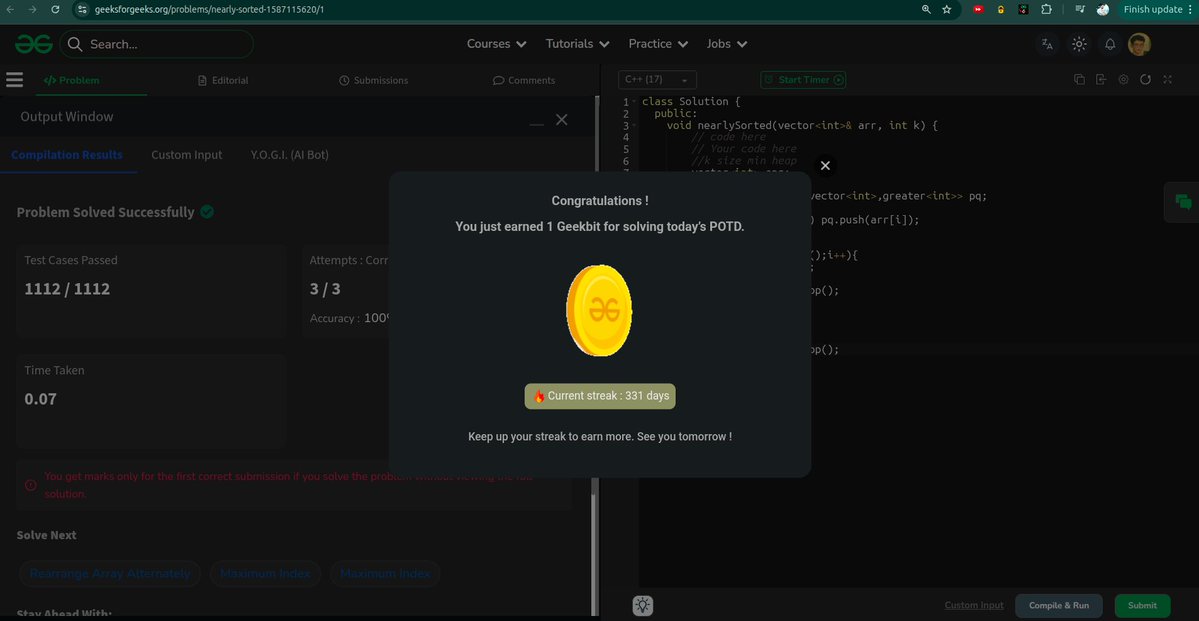 whyamihim's tweet image. Day - 331 
Problem : Nearly sorted
#gfg #geekstreak2025 #1000daysofcode