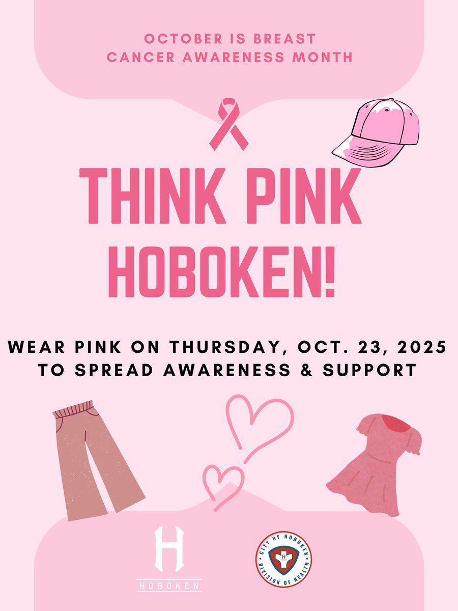 🩷REMEMBER: On (this) Thursday we wear Pink! 
👛Get your outfit ready tonight... and tag <a href="/HobokenHealthNJ/">HobokenHealthDivision</a> in your #PrettyinPink pictures tomorrow.  

#BreastCancerAwarenessMonth #Hoboken's #WearPinkDay

<a href="/Hoboken_EMS/">Hoboken EMS & Volunteer Ambulance Corp</a> <a href="/CityofHoboken/">City of Hoboken</a>