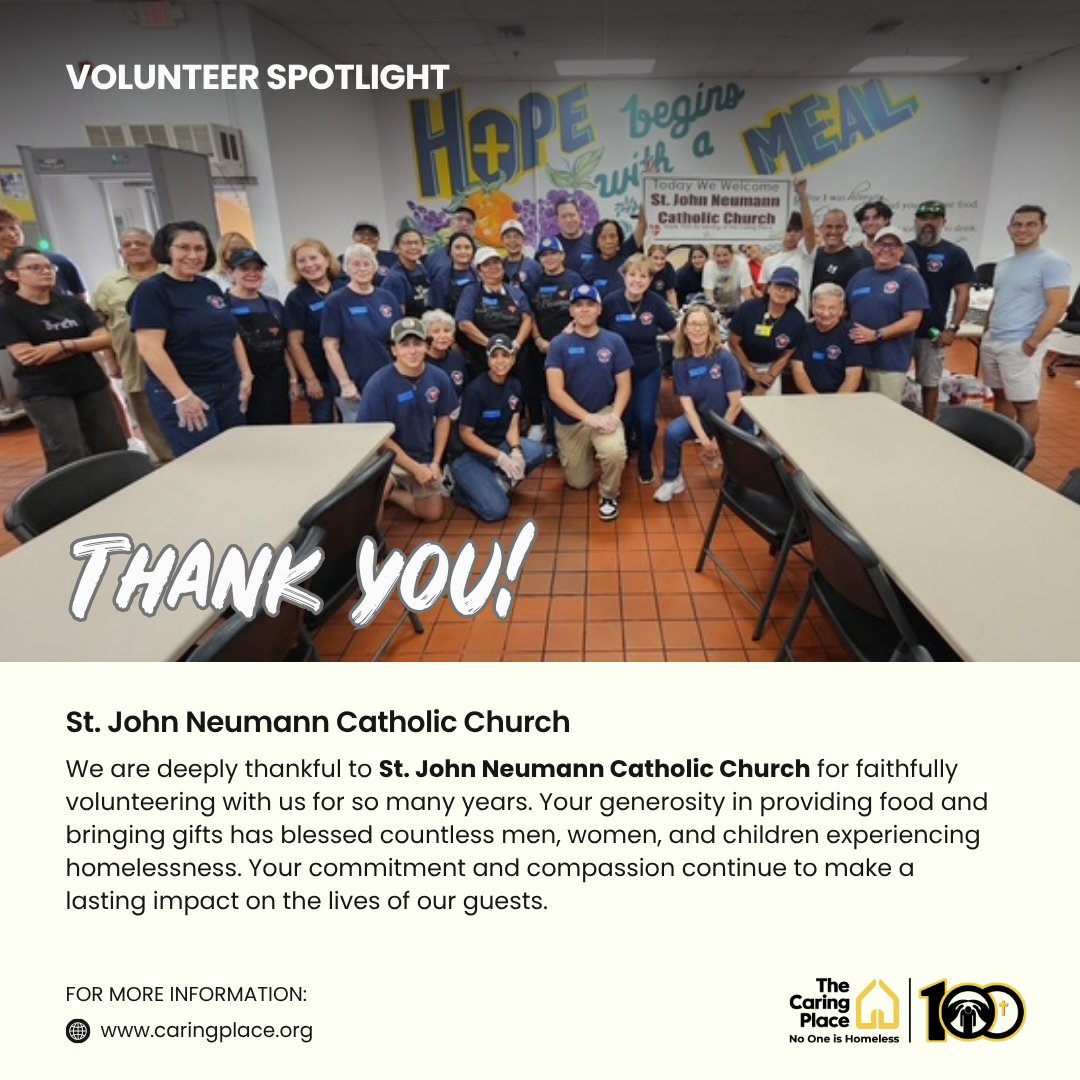 We’re so thankful to St. John Neumann Catholic Church for years of faithful service. Your generosity in providing food and gifts has blessed countless men, women, and children experiencing homelessness. 
#No1IsHomeless
