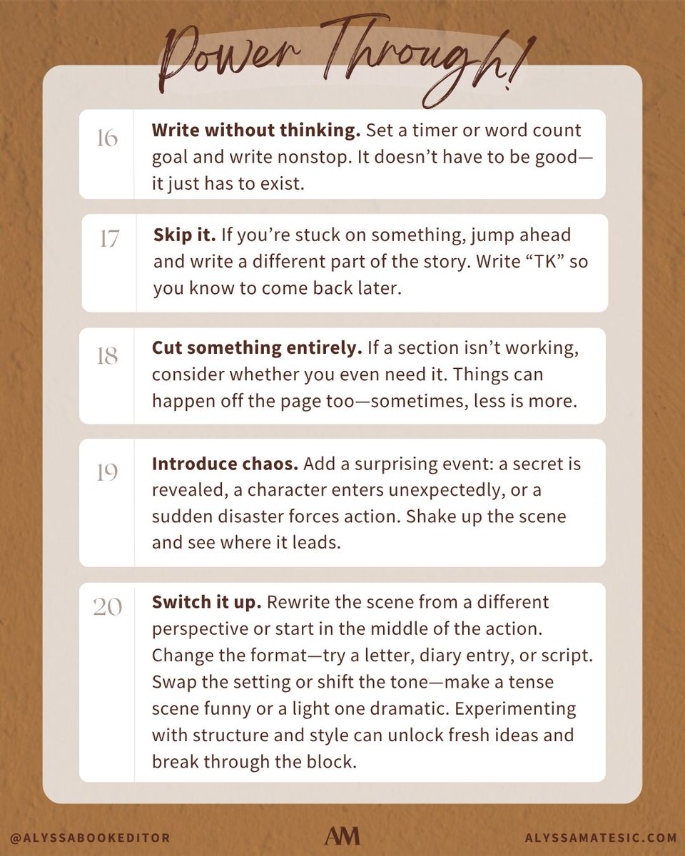 Writer's block happens to every author, so when it comes around, don't stress! 😰

Here are 20 strategies to help you get unstuck.

What’s your favorite trick for beating writer’s block?