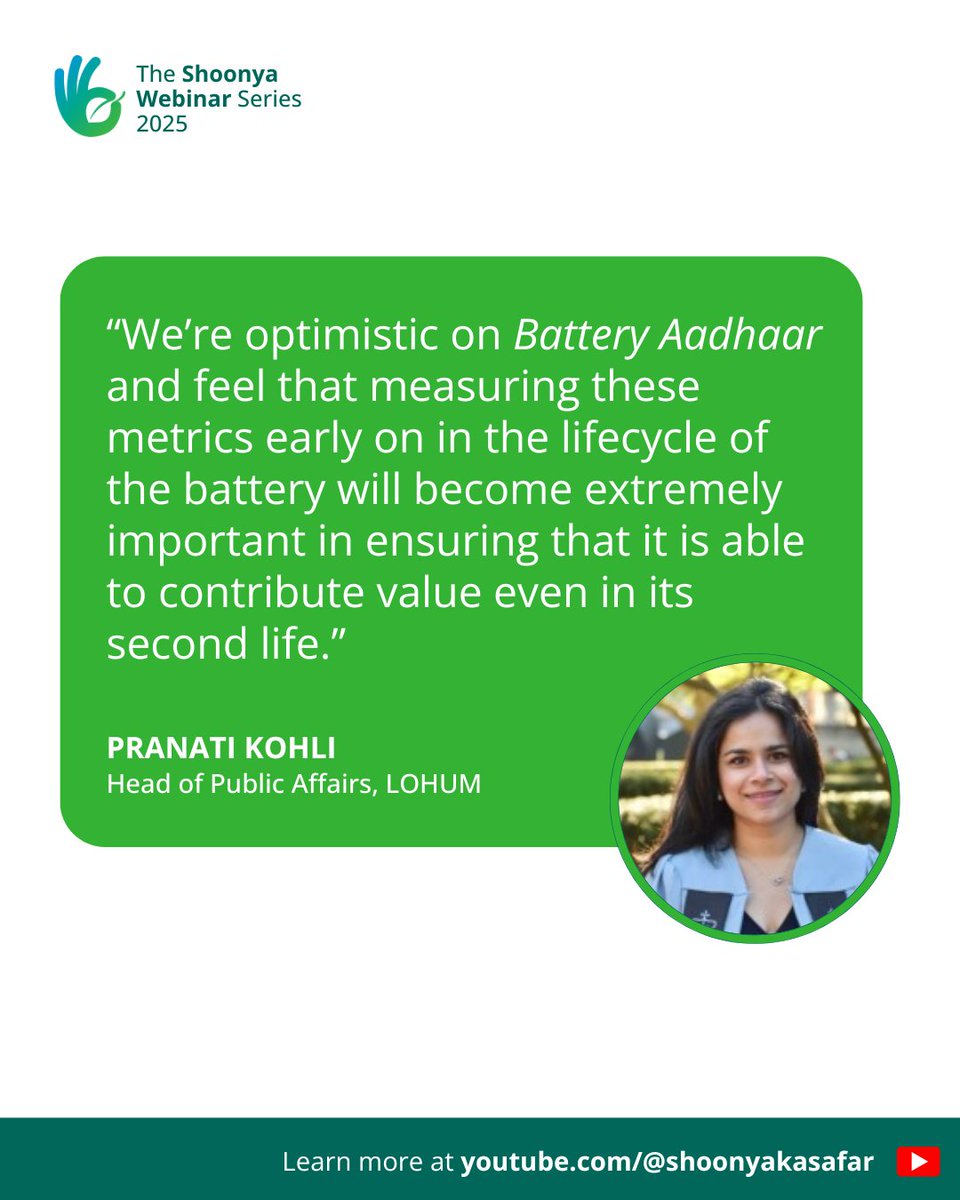 Shoonya_India's tweet image. Catch Pranati Kohli (Head of Public Affairs, @lohum) discussing the role that #BatteryAadhaar can play in enhancing battery circularity in our latest webinar. Watch the full episode here: youtu.be/rwpkAE09siA

#BatteryRecycling #EVTech #CleanEnergy