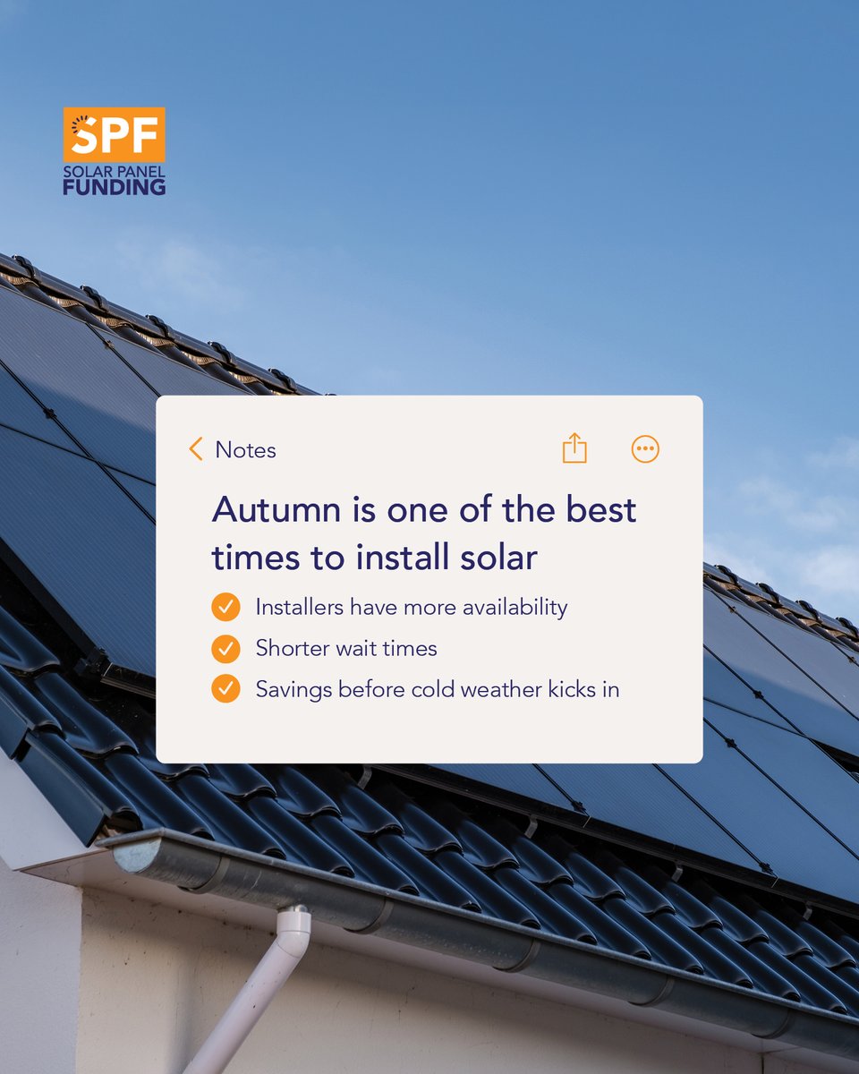 SolarFundingUK's tweet photo. Energy costs always seem to rise just when we need heat the most. But solar panels put you back in control &amp; autumn’s one of the best times to get started.

Check if you qualify for solar funding and get matched with an installer today.  👇

https://t.co/39n8kWAO8J https://t.co/kEFa6dxws9