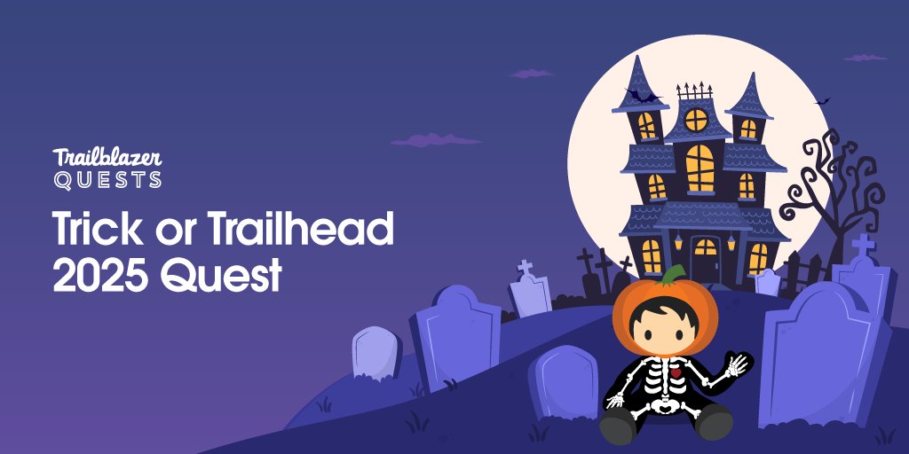 SalesforceDevs's tweet image. 👻 Things are getting spook-tacular at the Sillicorn Valley Inn!
🎃 Take the Trick or Trailhead 2025 Quest and help manage strange occurrences using Agentforce.
Complete the #TrailblazerQuest by Oct. 31, 2025, to enter for a chance to win* a spooktacular prize box.
Get spooky…