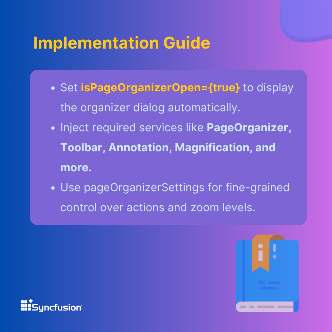 Syncfusion's tweet image. Implementation Guide
Set isPageOrganizerOpen={true} to show the organizer dialog.
Inject services like PageOrganizer, Toolbar, Annotation, and Magnification.
Use pageOrganizerSettings for fine-tuned control.
➡️ Next: Mobile Responsive UI 👇
#ResponsiveDesign #ReactUI
(5/7)