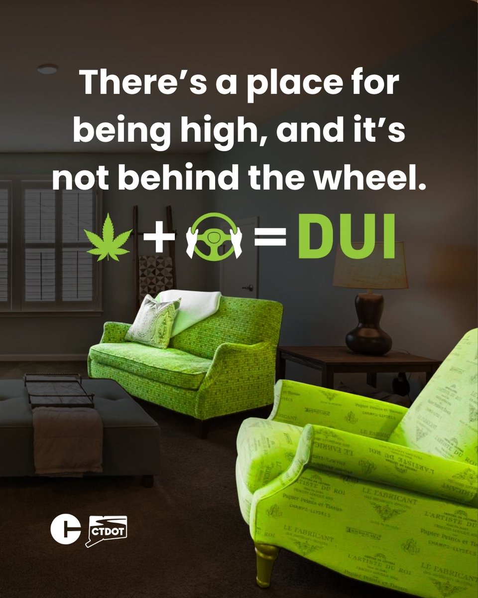 CThighwaysafety's tweet image. Driving while high impairs your judgment and delays critical reaction time. Stay off the roads after using cannabis to keep everyone safe.

#CTDOT #DrivingHighEqualsDUI #DriveSober