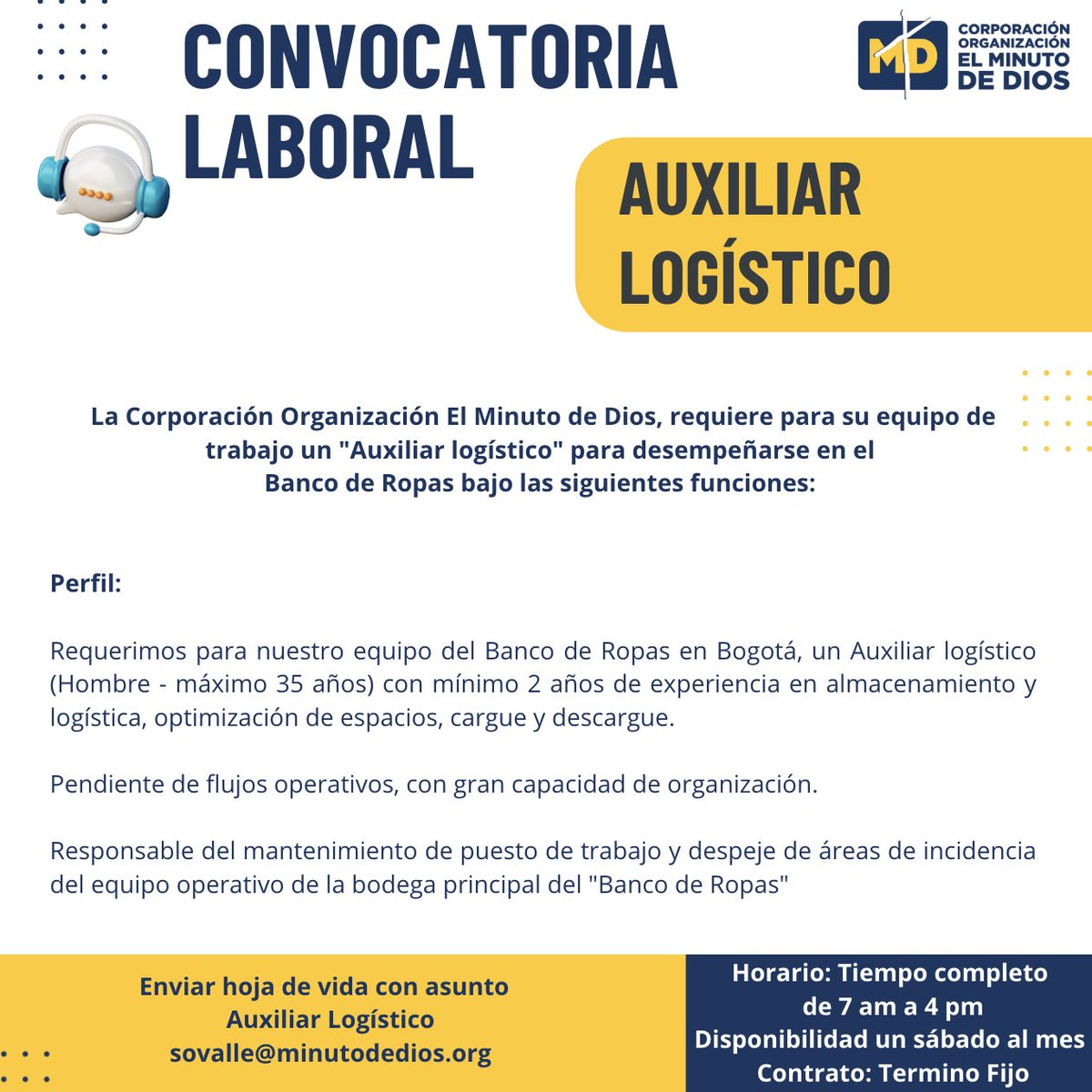 Haz parte del equipo Minuto de Dios! aplica ahora a nuestra más reciente vacante como auxiliar logístico en nuestro Banco de Ropas.

Revisa las condiciones en el post #TrabajoSíHay #Convocatoria #Auxiliar #ConvocatoriaLaboral
