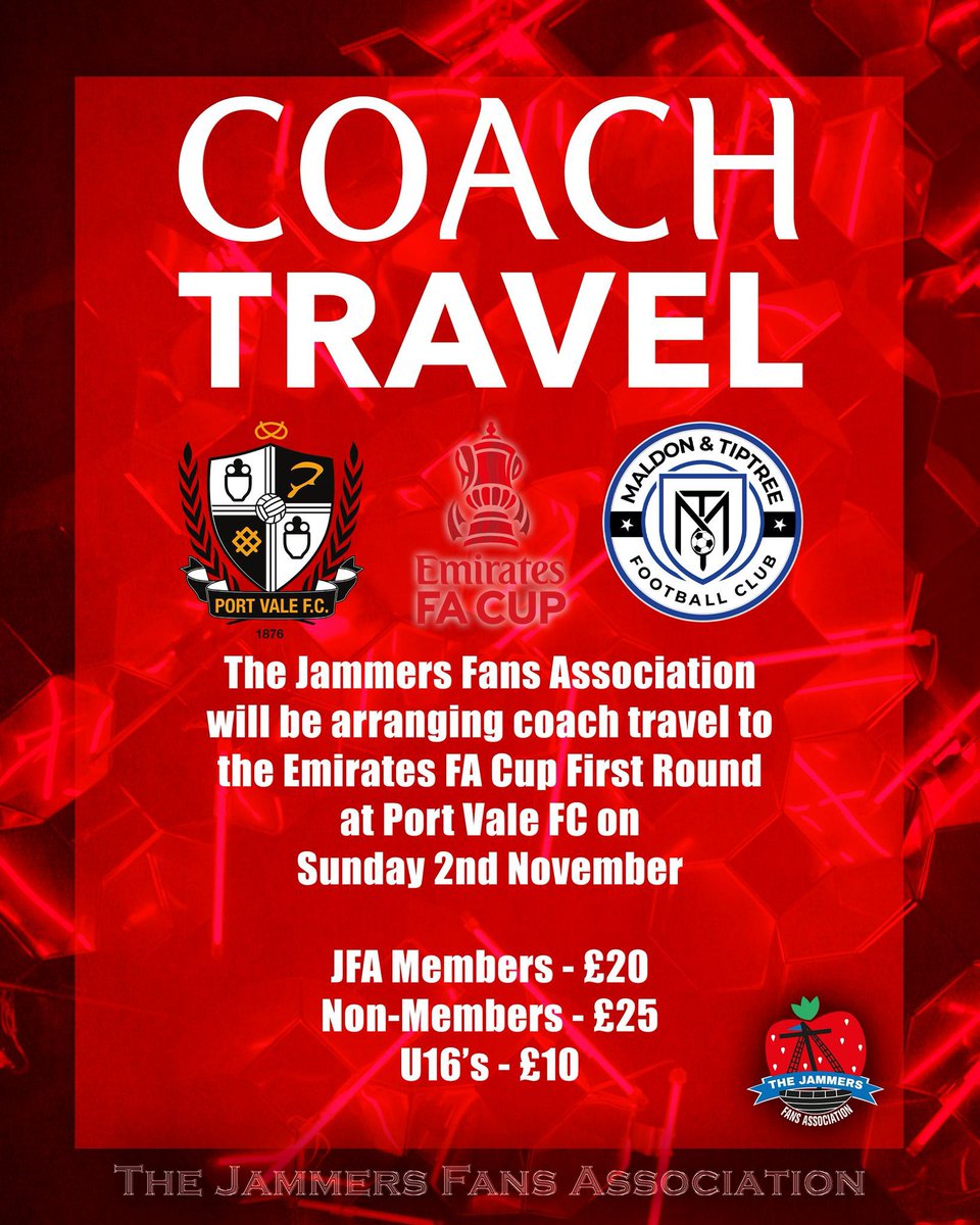 The JFA are putting on coach travel for <a href="/MaldonTiptreeFC/">Maldon & Tiptree FC</a> <a href="/EmiratesFACup/">Emirates FA Cup</a> 1st Round game away to <a href="/OfficialPVFC/">Port Vale Football Club</a>

Match tickets are £10 adults and £5 concessions and and u13s £2! 

That means as a member, game and travel for just £30! 

Book your seat today and join the JFA 🍓