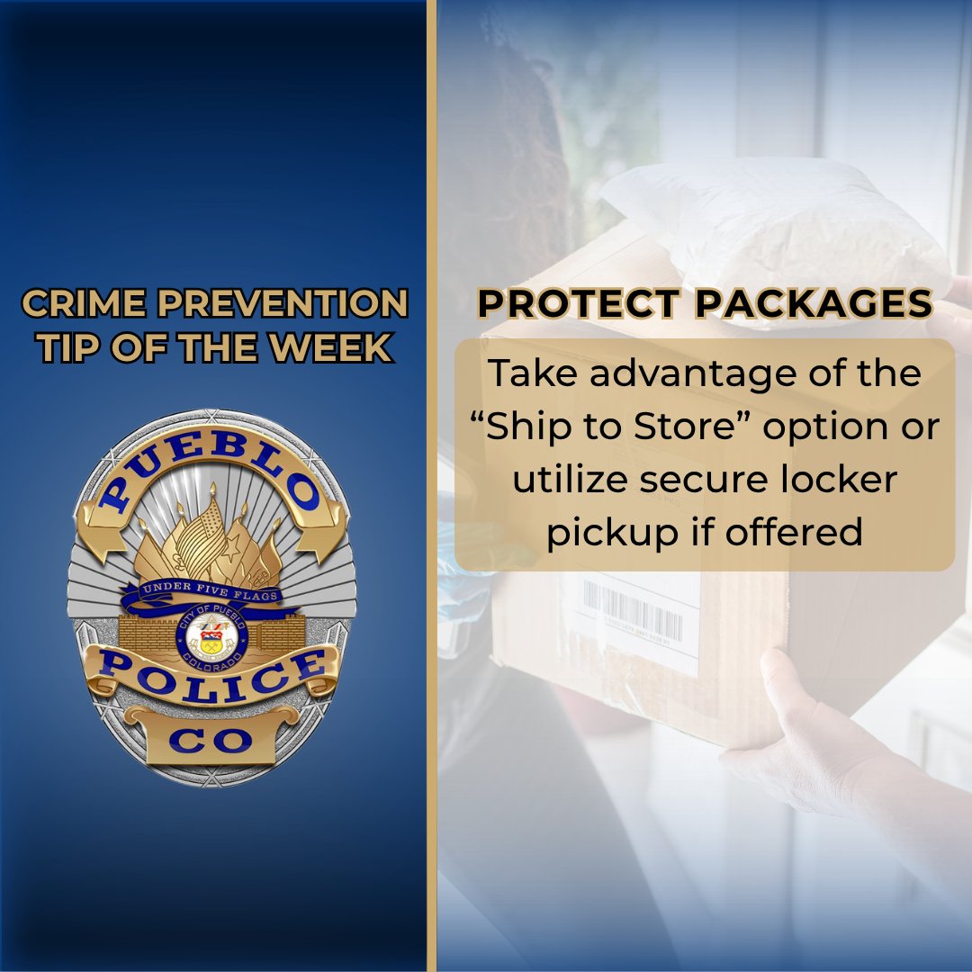 PuebloPolice1's tweet image. 🔒 Crime Prevention Tip 🔒 

Opt for &quot;Ship to Store&quot; or secure locker pickup when available! It’s a safe way to keep your packages out of sight and away from thieves. Prevention is protection! 

#CrimePreventionTip #CrimePrevention #PackageTheft
