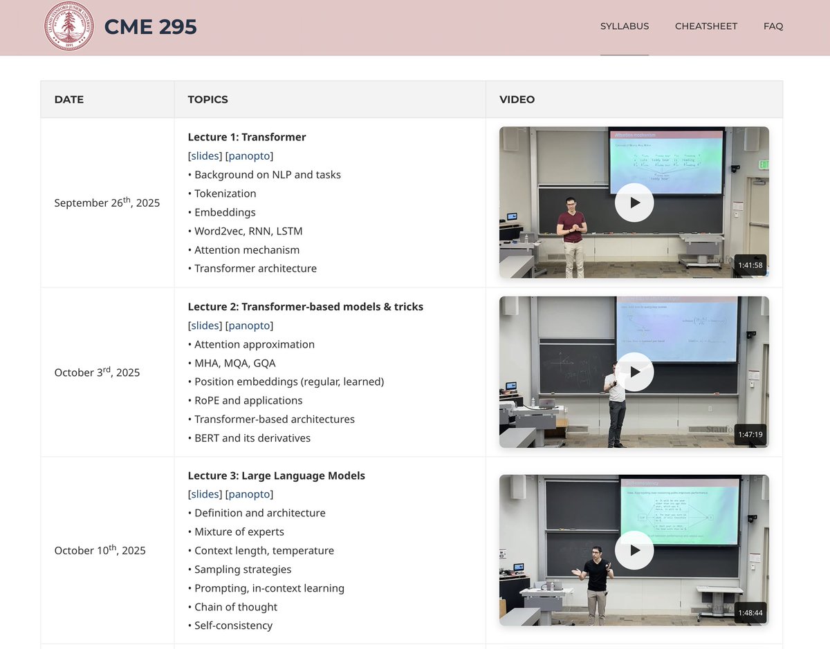 omarsar0's tweet image. 🎓Stanford CME295 Transformers &amp;amp; LLMs

Nice to see the new release of this new course on Transformers and LLMs.

Great way to catch up on the world of LLMs and AI Agents.

Includes topics like the basics of attention, mixture-of-experts, to agents.

Excited to see more on evals.…