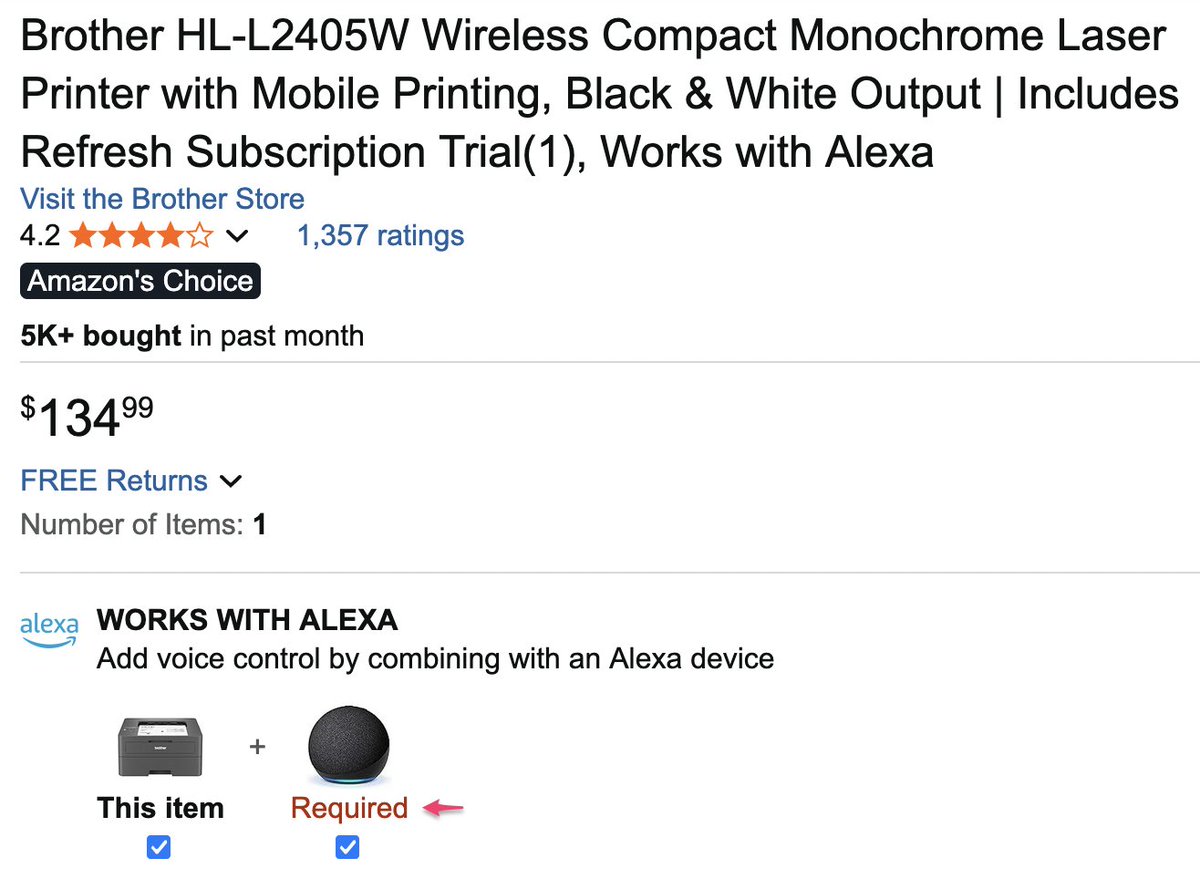 I like how @Amazon makes it seem as if you must have <a href="/Alexa/">Alexa Scordato</a> for the printer...  I get that it's not, but the way they show it to you, and it's selected by default, if you're not careful you may end up with an unwanted/not needed purchase.