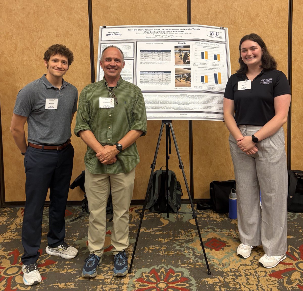 Last week, Roman and Grace presented their poster about the biomechanics of bowling at the APTA Wisconsin Fall Conference in the Wisconsin Dells! They completed this project last spring with 2 of their classmates and MUPT professor Dr. Starsky. #research #SPT #bowling #MUPT
