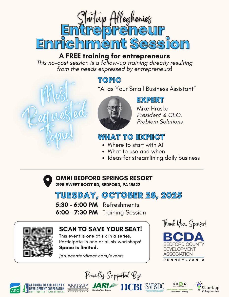 Join Startup Alleghenies for this informative and interactive NO-COST session, "AI as Your Small Business Assistant" will be held Tuesday, Oct. 28th from 5:30-7:30pm at Omni Bedford Springs Resort &amp; Spa. jari.ecenterdirect.com/events/2308